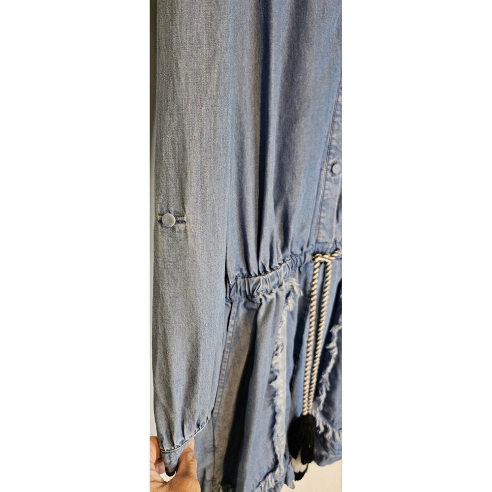 Rebecca Minkoff Denim Romper Shorts Frayed Tassels Longsleeve Button Up - Picture 2 of 12